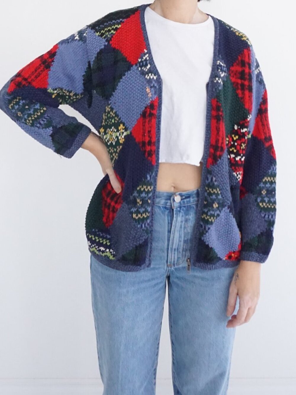 Vintage Susan Bristol Blue Red Patchwork Knit Zip Cardigan Plaid Check PL